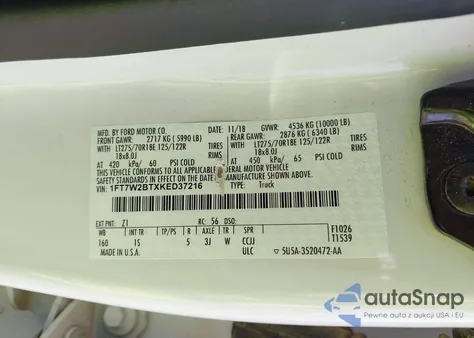 2019 Ford F-250 Xl z USA, uszkodzony, nr VIN 1FT7W2BTXKED37216